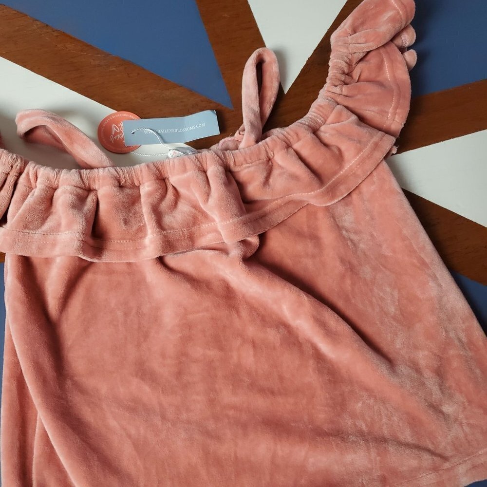 Bailey Blossoms Shirt Girls 4T Dusty Pink Velour‎ Ruffle Shoulder Summer New - Picture 4 of 4
